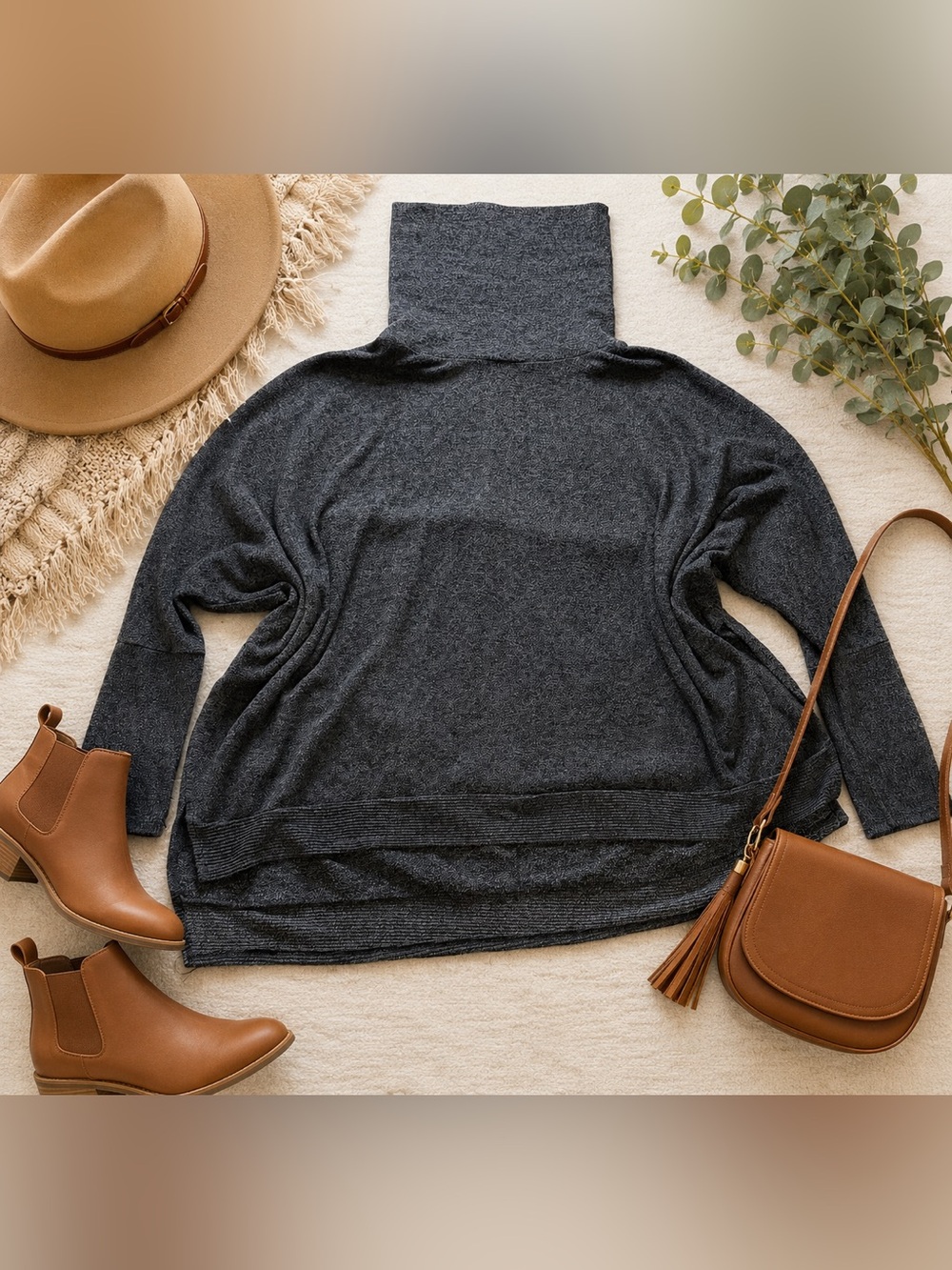 Zenana Outfitters Charcoal Gray Soft Knit Oversized Turtleneck Sweater Large